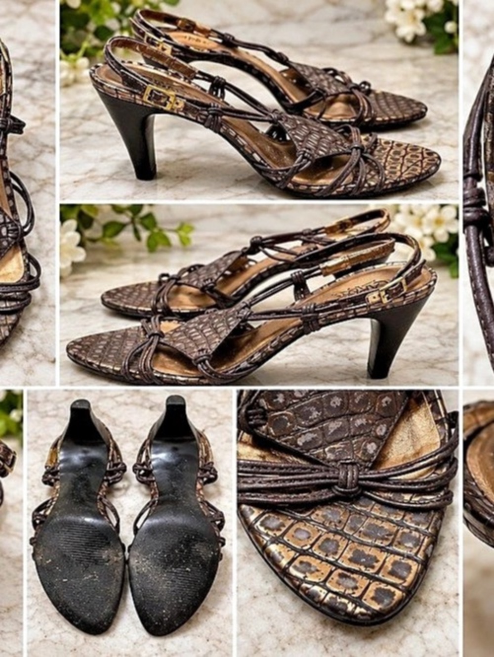 Carlos Santos Women’s Size 7.5 Brown Croc Embossed Strappy Heeled Sandal